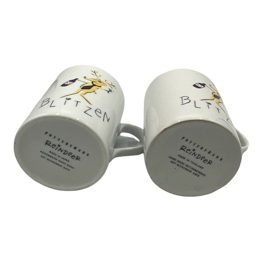 2 Pottery Barn Reindeer Blitzen Coffee Mug Cups Holiday Office Party 4 1/2 Inch - Picture 3 of 6